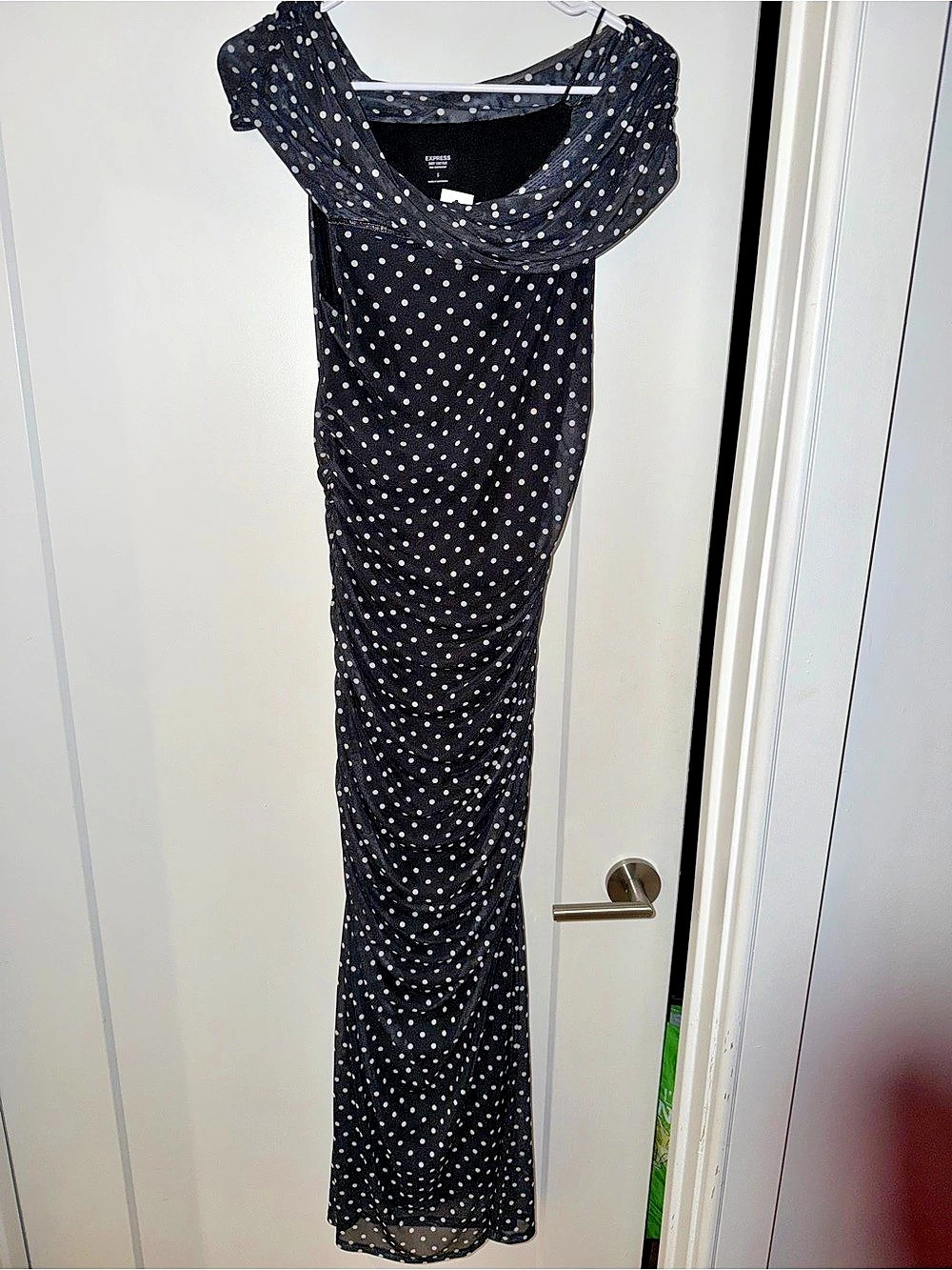 Express Mesh Polka Dot Halter Cowl Neck Maxi Dress Polka Dot Maxi Dress in Black